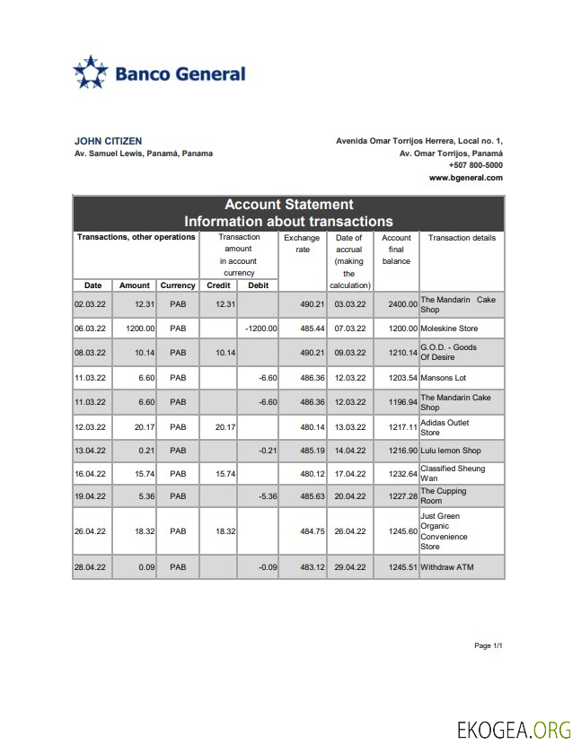 Panama Banco Relevé bancaire général xls